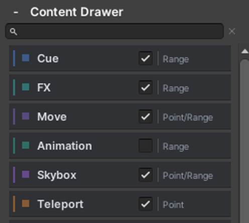 The Content Drawer. Each track has a checkbox; Animation is off.