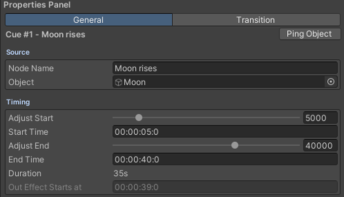 The Properties panel on the right, showing the selected Cue node.