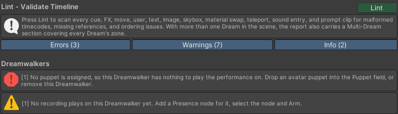 The Lint window, with Errors, Warnings and Info counts.