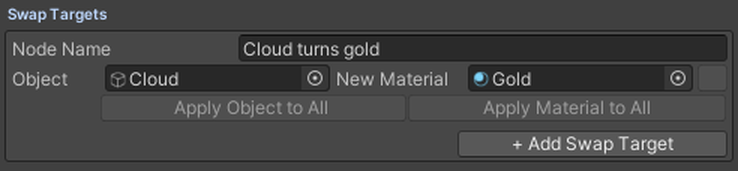 One Swap Target: the Object, the New Material, and Add Swap Target.