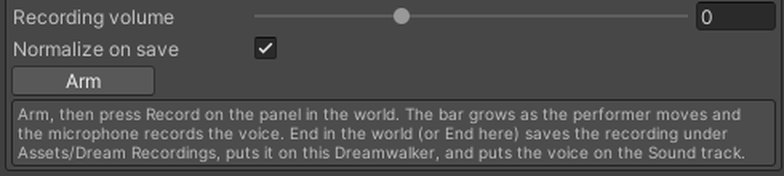 Recording volume, Normalize on save, and the Arm button.