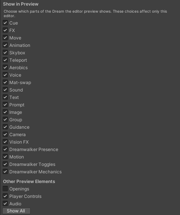 Show in Preview and Other Preview Elements, ending with Show All.