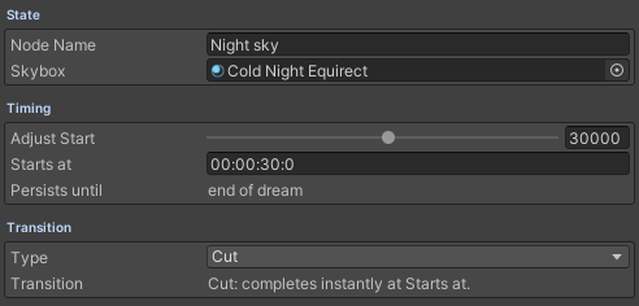 The Skybox material, when it starts, and the Transition Type.