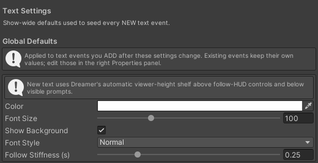 Text Settings: the defaults every new Text node starts from.