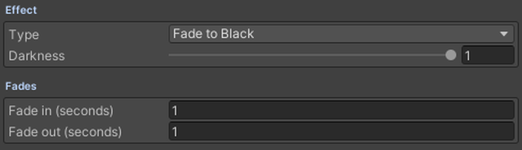 The Effect and Fades blocks: Darkness, Fade in, Fade out.